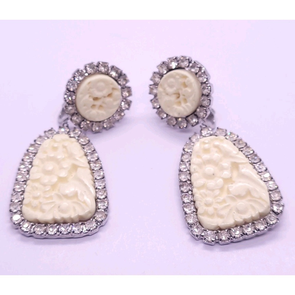 Vintage Kenneth Jay Lane KJL Faux Ivory Floral Rhinestone Dangle Clip Earrings